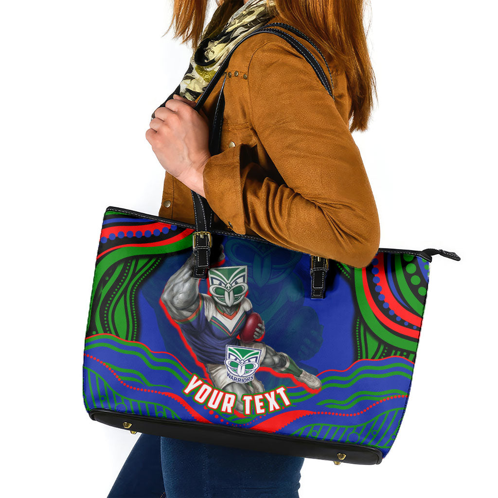 Personalized New Zealand Warriors Leather Tote Bag Aboriginal Dot Art - Dreamtime Rugby Mascot