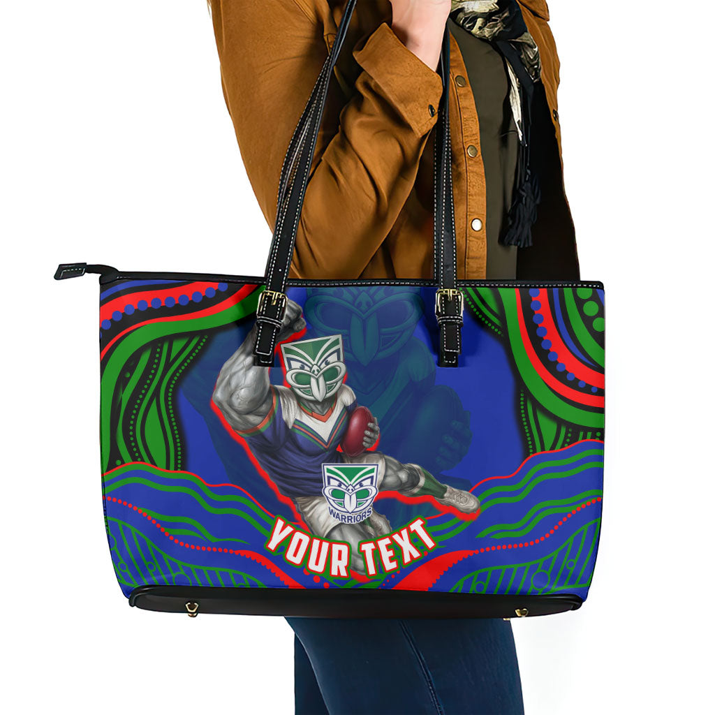 Personalized New Zealand Warriors Leather Tote Bag Aboriginal Dot Art - Dreamtime Rugby Mascot