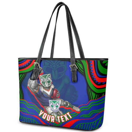 Personalized New Zealand Warriors Leather Tote Bag Aboriginal Dot Art - Dreamtime Rugby Mascot