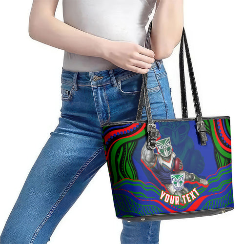 Personalized New Zealand Warriors Leather Tote Bag Aboriginal Dot Art - Dreamtime Rugby Mascot