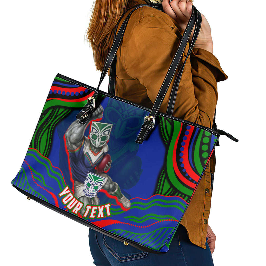 Personalized New Zealand Warriors Leather Tote Bag Aboriginal Dot Art - Dreamtime Rugby Mascot
