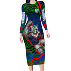 Personalized New Zealand Warriors Long Sleeve Bodycon Dress Aboriginal Dot Art - Dreamtime Rugby Mascot
