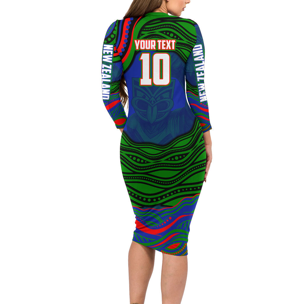 Personalized New Zealand Warriors Long Sleeve Bodycon Dress Aboriginal Dot Art - Dreamtime Rugby Mascot