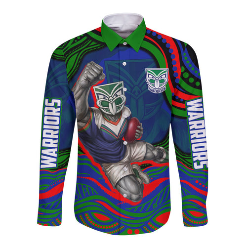 Personalized New Zealand Warriors Long Sleeve Button Shirt Aboriginal Dot Art - Dreamtime Rugby Mascot