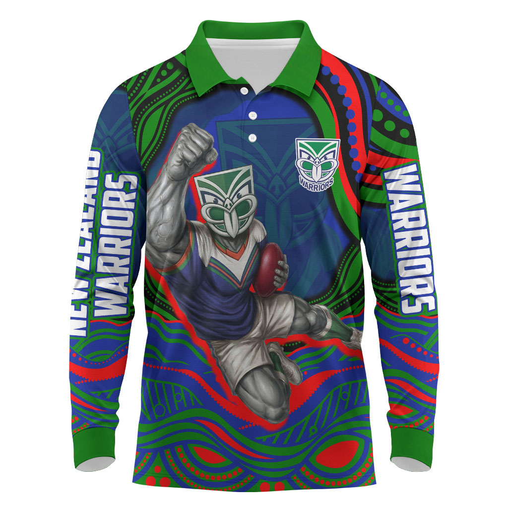 Personalized New Zealand Warriors Long Sleeve Polo Shirt Aboriginal Dot Art - Dreamtime Rugby Mascot