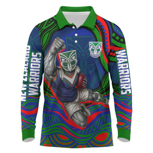 Personalized New Zealand Warriors Long Sleeve Polo Shirt Aboriginal Dot Art - Dreamtime Rugby Mascot