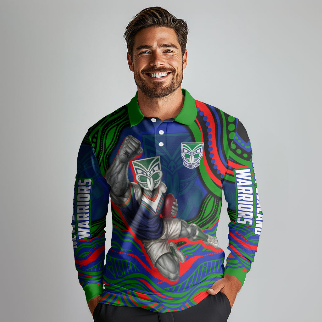 Personalized New Zealand Warriors Long Sleeve Polo Shirt Aboriginal Dot Art - Dreamtime Rugby Mascot