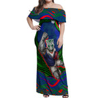 Personalized New Zealand Warriors Off Shoulder Maxi Dress Aboriginal Dot Art - Dreamtime Rugby Mascot