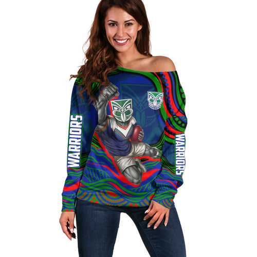 Personalized New Zealand Warriors Off Shoulder Sweater Aboriginal Dot Art - Dreamtime Rugby Mascot