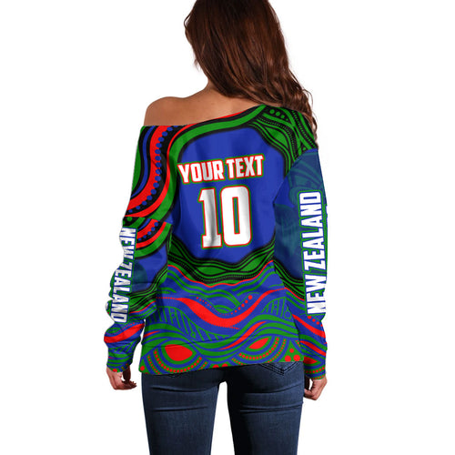 Personalized New Zealand Warriors Off Shoulder Sweater Aboriginal Dot Art - Dreamtime Rugby Mascot