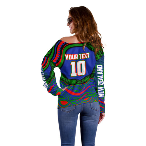 Personalized New Zealand Warriors Off Shoulder Sweater Aboriginal Dot Art - Dreamtime Rugby Mascot