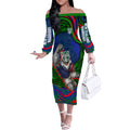 Personalized New Zealand Warriors Off The Shoulder Long Sleeve Dress Aboriginal Dot Art - Dreamtime Rugby Mascot