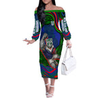 Personalized New Zealand Warriors Off The Shoulder Long Sleeve Dress Aboriginal Dot Art - Dreamtime Rugby Mascot