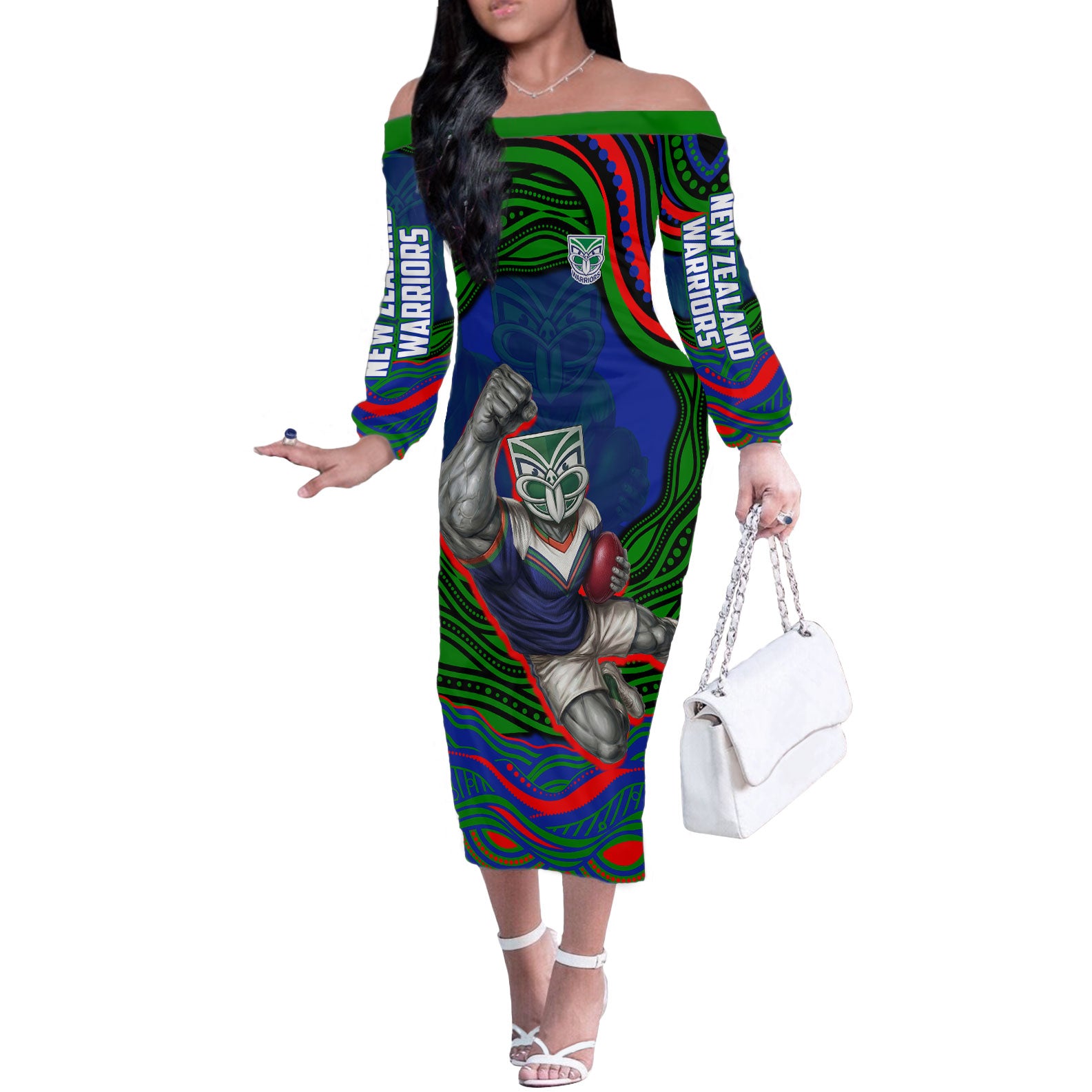 Personalized New Zealand Warriors Off The Shoulder Long Sleeve Dress Aboriginal Dot Art - Dreamtime Rugby Mascot