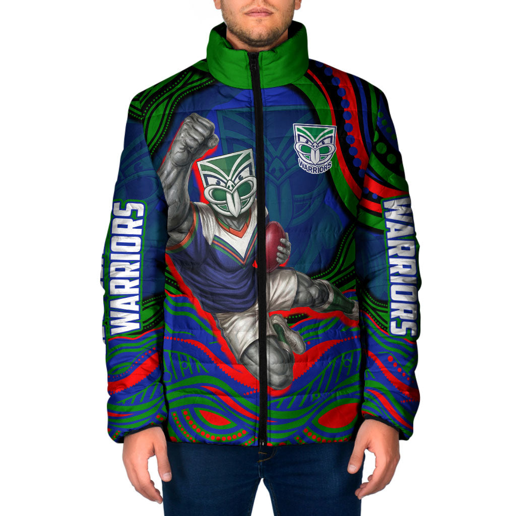 Personalized New Zealand Warriors Padded Jacket Aboriginal Dot Art - Dreamtime Rugby Mascot
