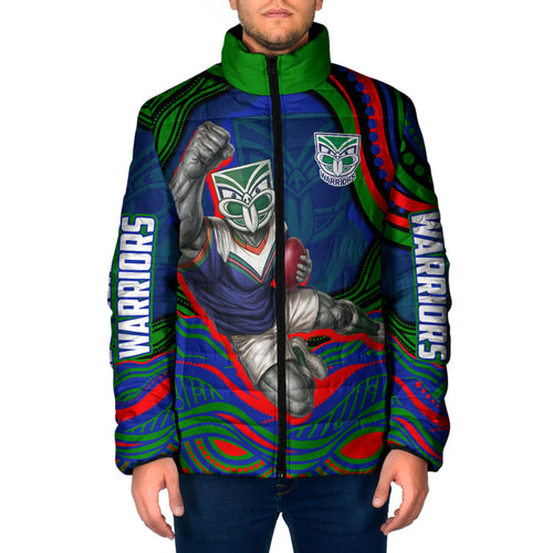 Personalized New Zealand Warriors Padded Jacket Aboriginal Dot Art - Dreamtime Rugby Mascot