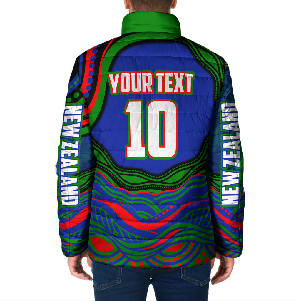 Personalized New Zealand Warriors Padded Jacket Aboriginal Dot Art - Dreamtime Rugby Mascot