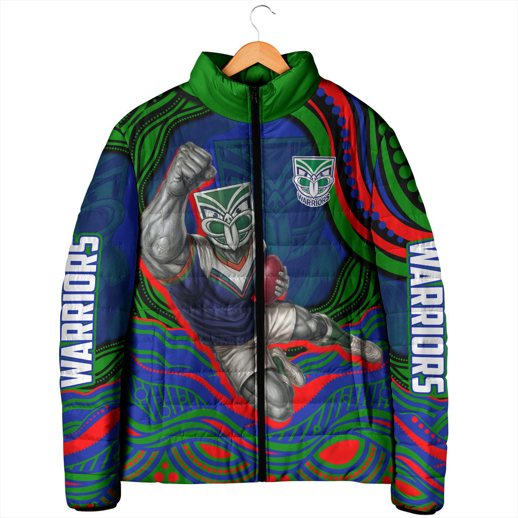 Personalized New Zealand Warriors Padded Jacket Aboriginal Dot Art - Dreamtime Rugby Mascot
