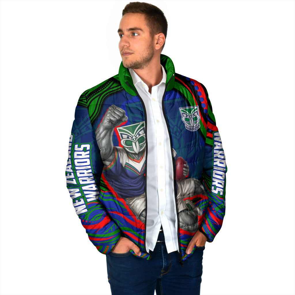 Personalized New Zealand Warriors Padded Jacket Aboriginal Dot Art - Dreamtime Rugby Mascot