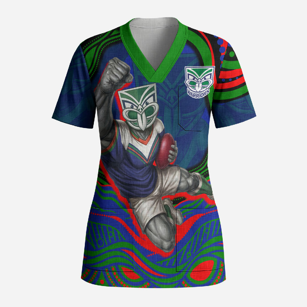 Personalized New Zealand Warriors Scrub Top Aboriginal Dot Art - Dreamtime Rugby Mascot