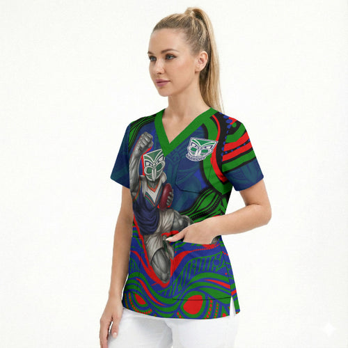 Personalized New Zealand Warriors Scrub Top Aboriginal Dot Art - Dreamtime Rugby Mascot