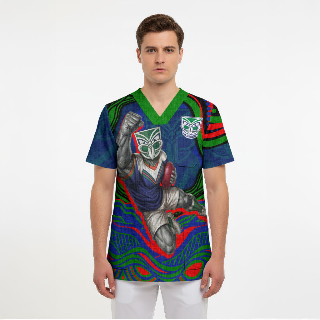 Personalized New Zealand Warriors Scrub Top Aboriginal Dot Art - Dreamtime Rugby Mascot