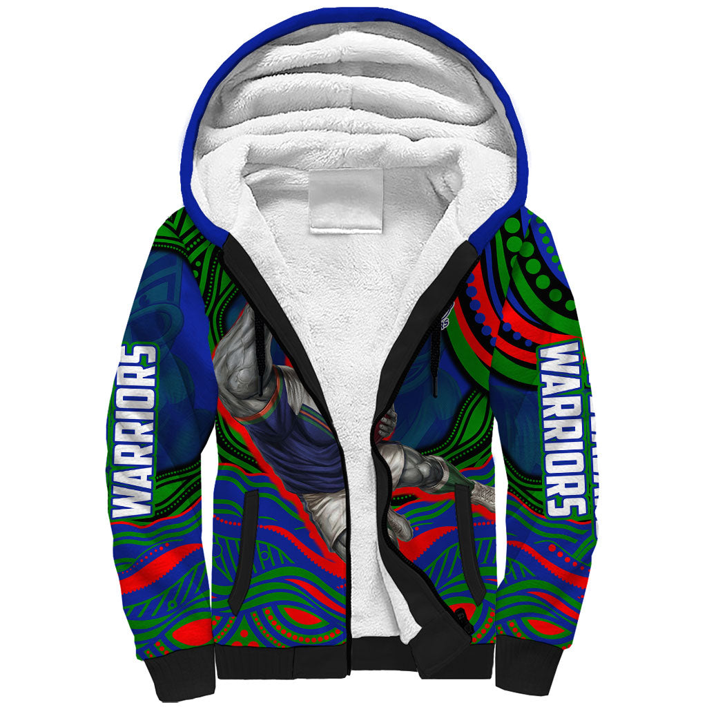 Personalized New Zealand Warriors Sherpa Hoodie Aboriginal Dot Art - Dreamtime Rugby Mascot