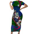 Personalized New Zealand Warriors Short Sleeve Bodycon Dress Aboriginal Dot Art - Dreamtime Rugby Mascot