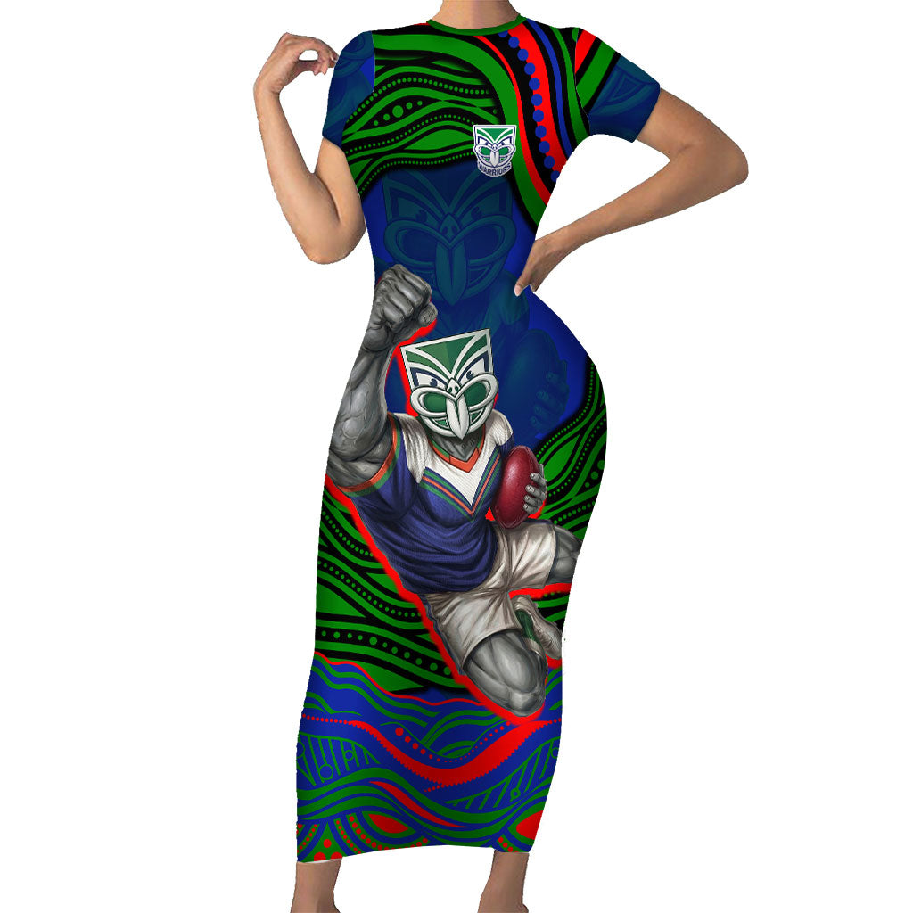 Personalized New Zealand Warriors Short Sleeve Bodycon Dress Aboriginal Dot Art - Dreamtime Rugby Mascot