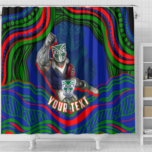 Personalized New Zealand Warriors Shower Curtain Aboriginal Dot Art - Dreamtime Rugby Mascot