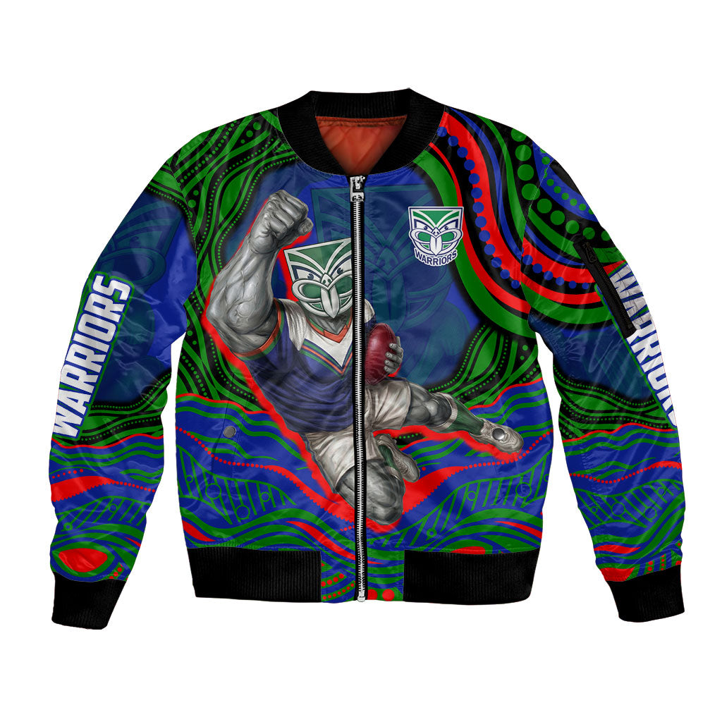 Personalized New Zealand Warriors Sleeve Zip Bomber Jacket Aboriginal Dot Art - Dreamtime Rugby Mascot