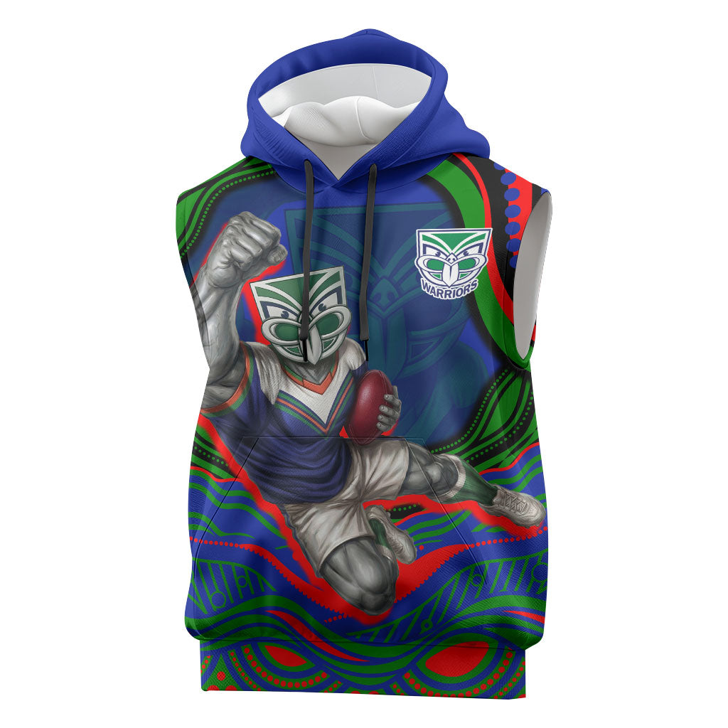 Personalized New Zealand Warriors Sleeveless Hoodie Aboriginal Dot Art - Dreamtime Rugby Mascot