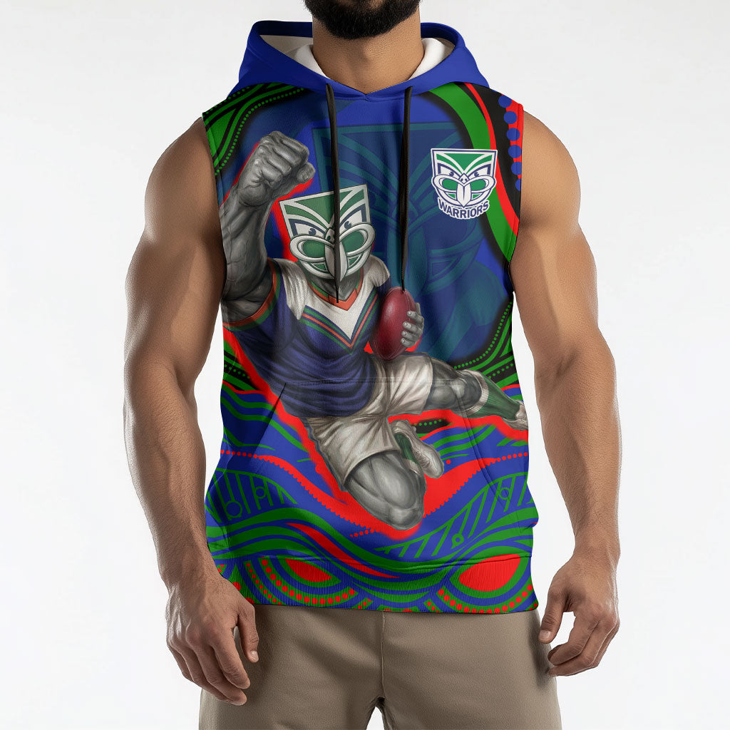 Personalized New Zealand Warriors Sleeveless Hoodie Aboriginal Dot Art - Dreamtime Rugby Mascot