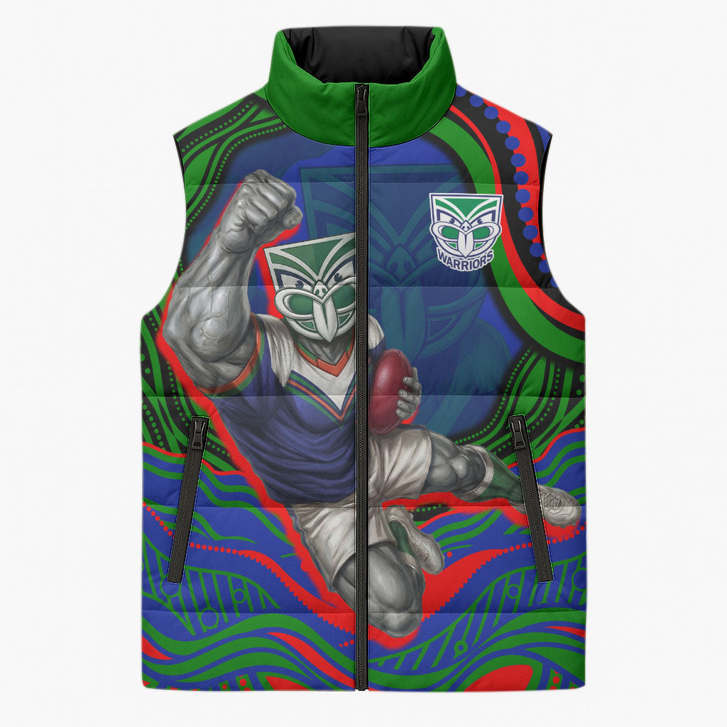 Personalized New Zealand Warriors Sleeveless Puffer Jacket Aboriginal Dot Art - Dreamtime Rugby Mascot