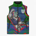 Personalized New Zealand Warriors Sleeveless Puffer Jacket Aboriginal Dot Art - Dreamtime Rugby Mascot
