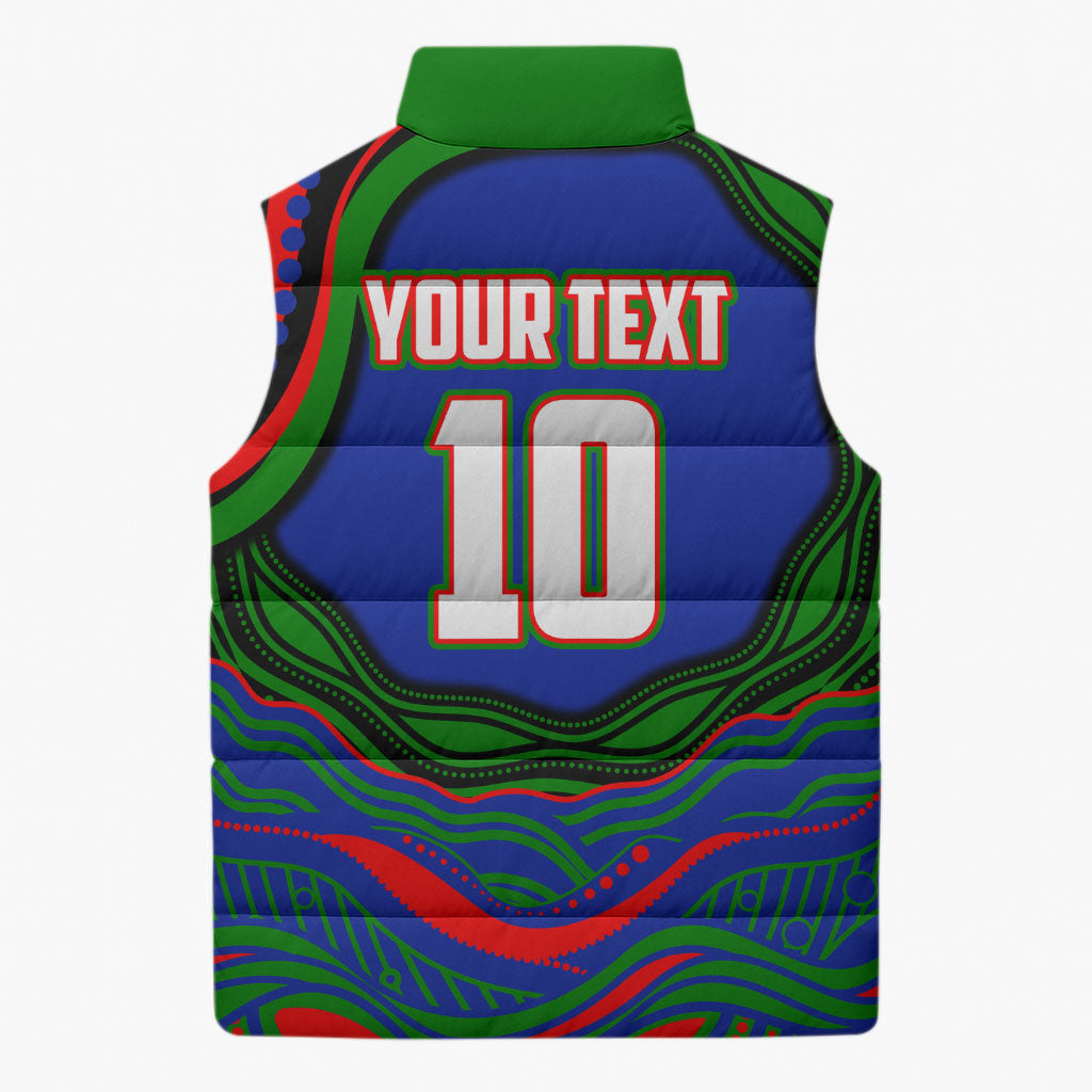 Personalized New Zealand Warriors Sleeveless Puffer Jacket Aboriginal Dot Art - Dreamtime Rugby Mascot