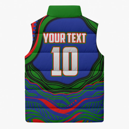 Personalized New Zealand Warriors Sleeveless Puffer Jacket Aboriginal Dot Art - Dreamtime Rugby Mascot