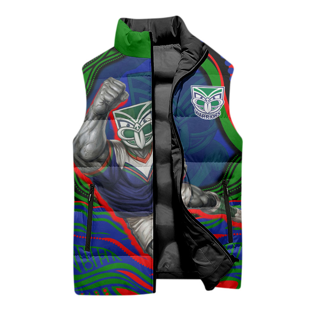 Personalized New Zealand Warriors Sleeveless Puffer Jacket Aboriginal Dot Art - Dreamtime Rugby Mascot