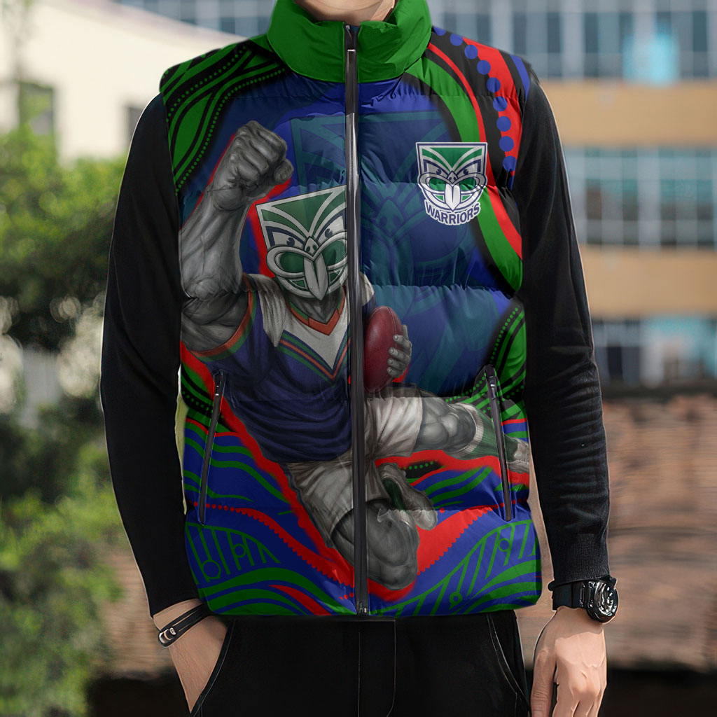 Personalized New Zealand Warriors Sleeveless Puffer Jacket Aboriginal Dot Art - Dreamtime Rugby Mascot