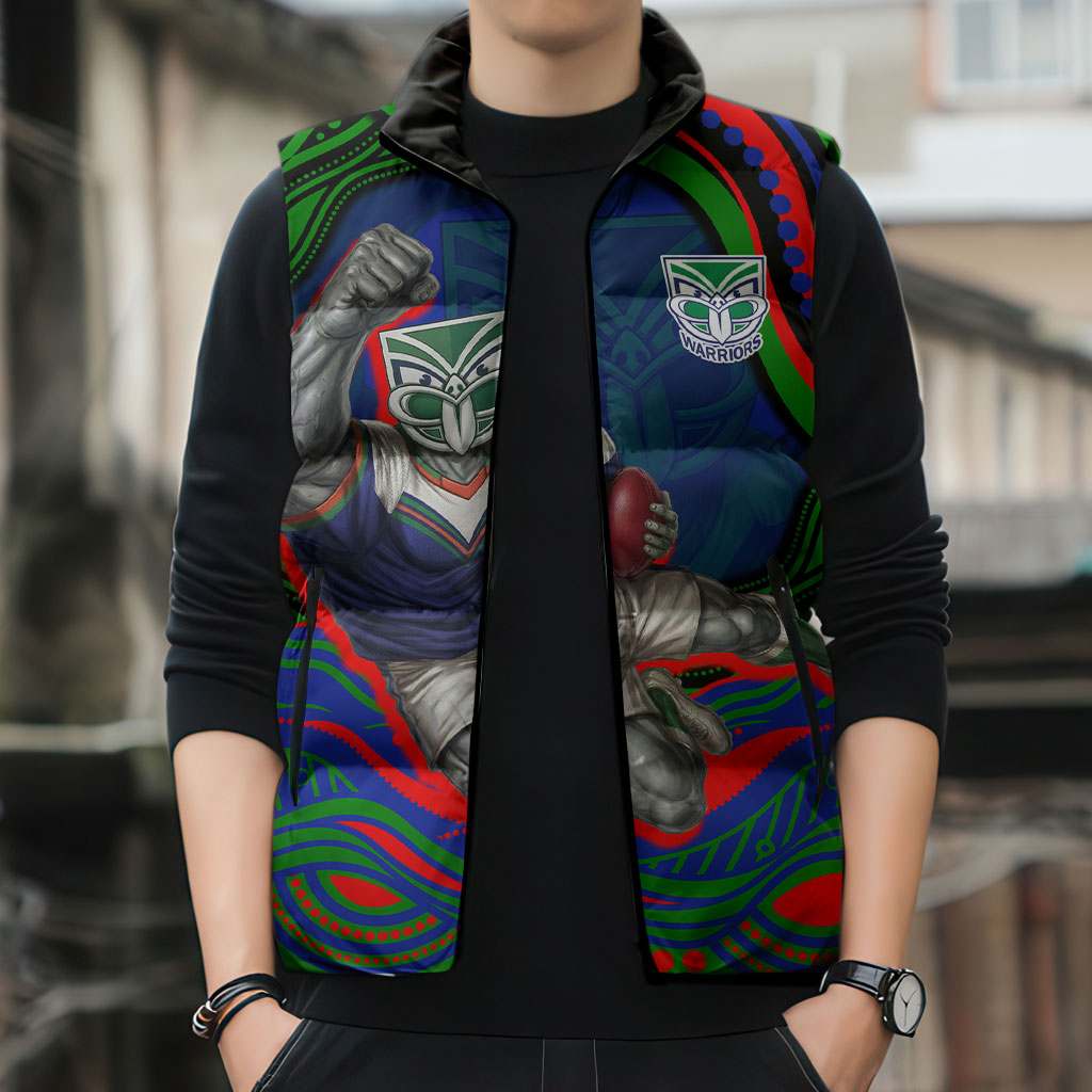 Personalized New Zealand Warriors Sleeveless Puffer Jacket Aboriginal Dot Art - Dreamtime Rugby Mascot
