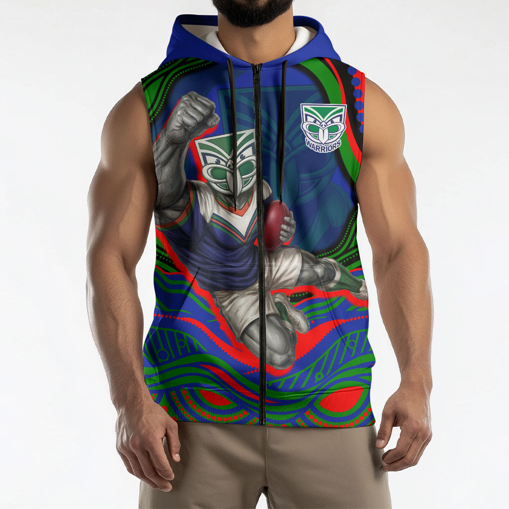 Personalized New Zealand Warriors Sleeveless Zip Hoodie Aboriginal Dot Art - Dreamtime Rugby Mascot