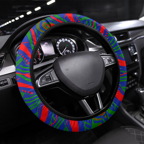 New Zealand Warriors Steering Wheel Cover Aboriginal Dot Art - Dreamtime Rugby Mascot