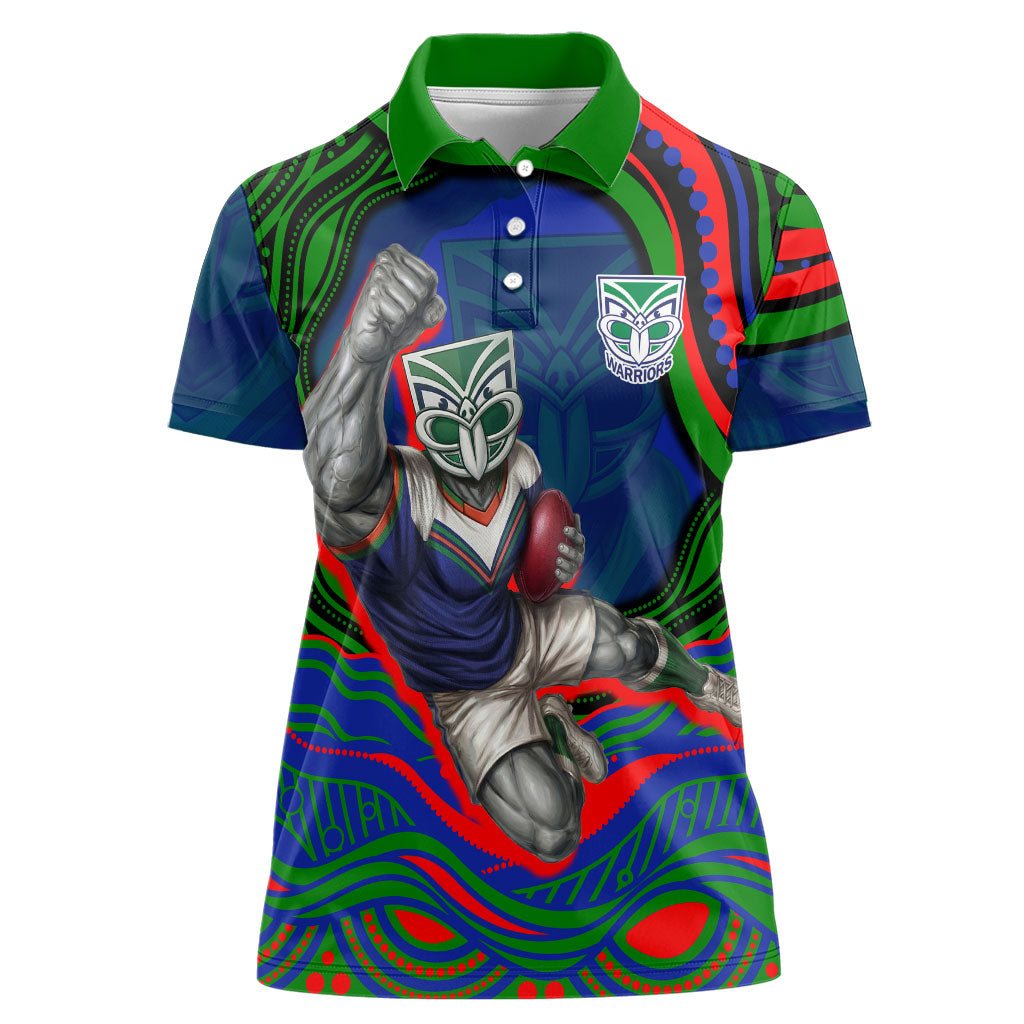 Personalized New Zealand Warriors Women Polo Shirt Aboriginal Dot Art - Dreamtime Rugby Mascot