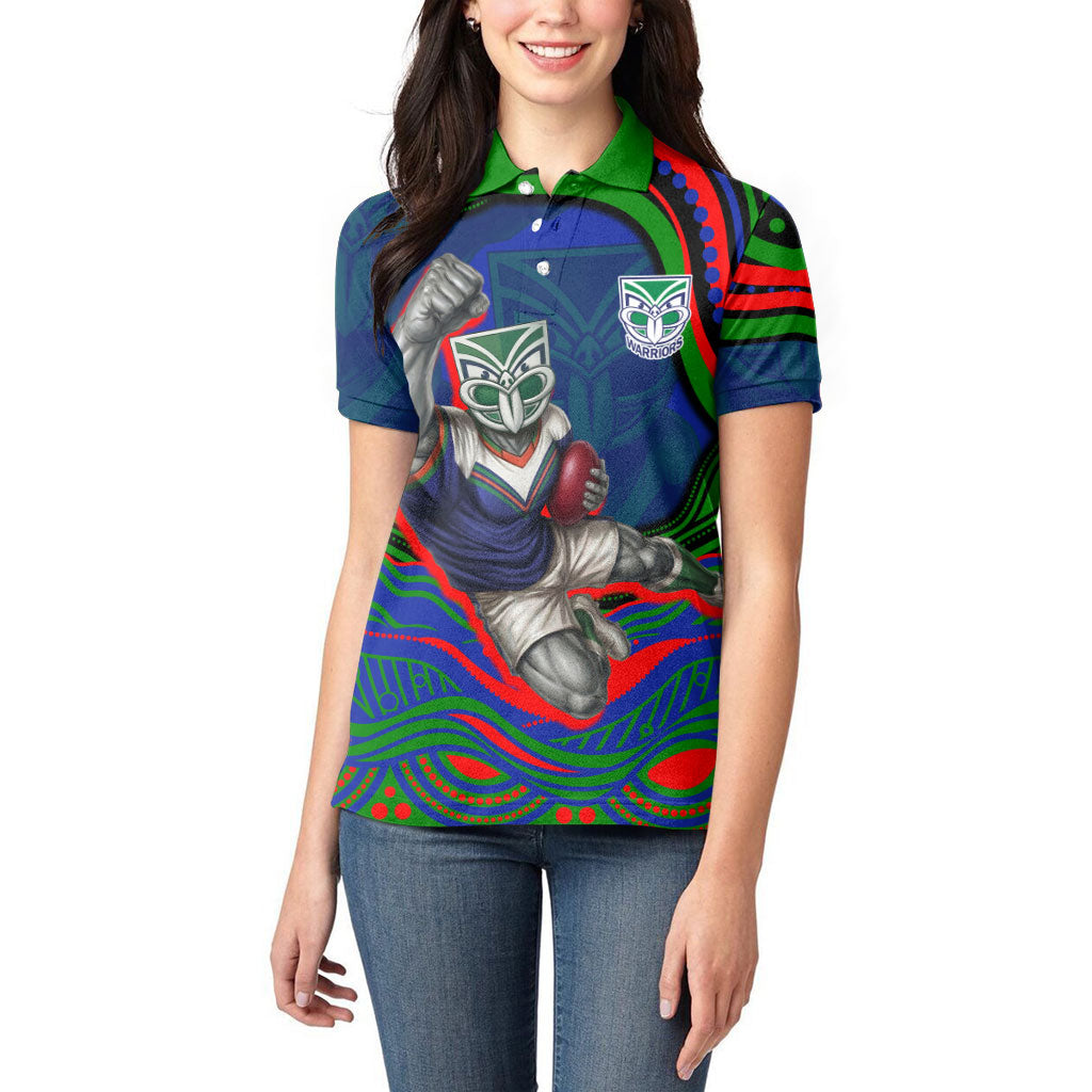 Personalized New Zealand Warriors Women Polo Shirt Aboriginal Dot Art - Dreamtime Rugby Mascot