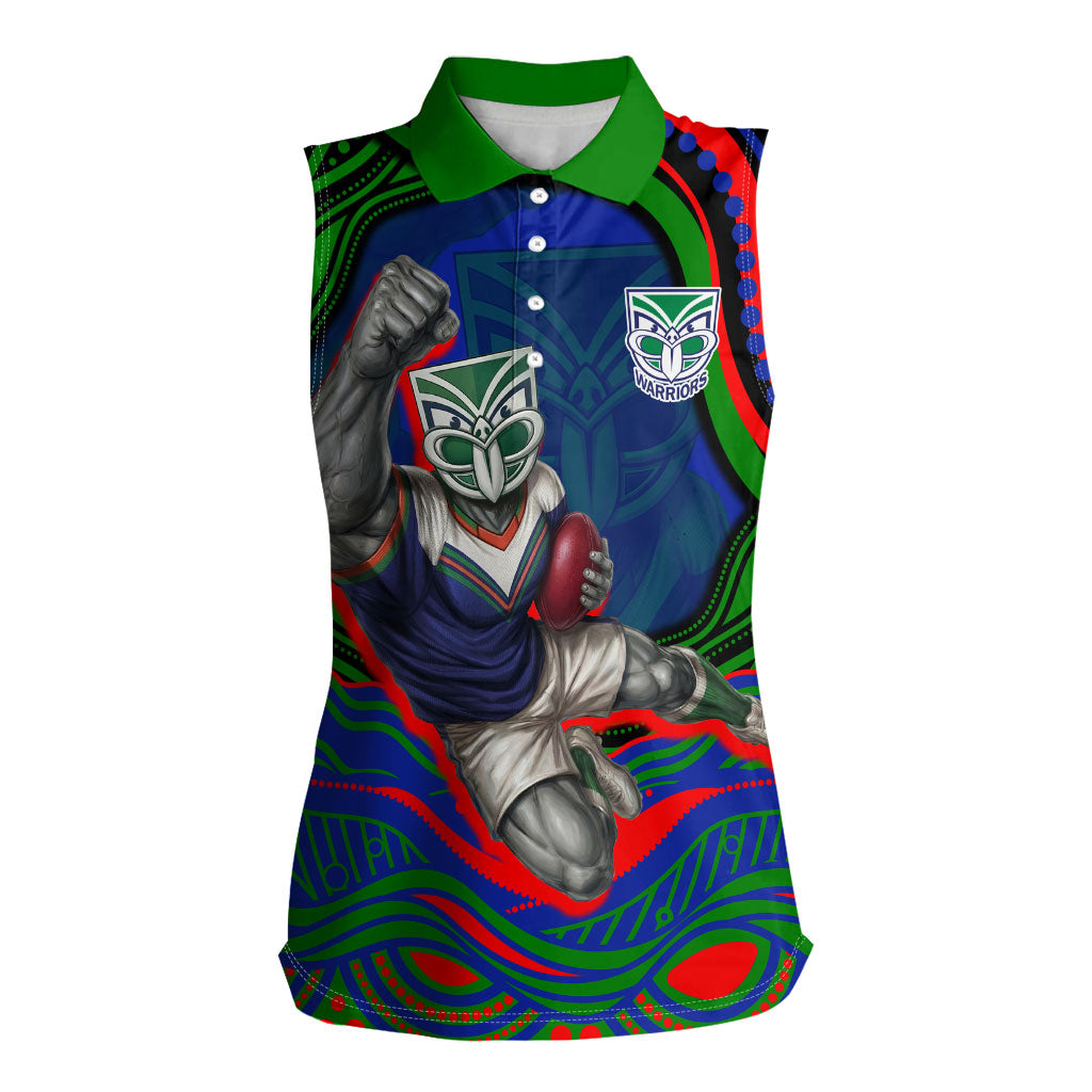 Personalized New Zealand Warriors Women Sleeveless Polo Shirt Aboriginal Dot Art - Dreamtime Rugby Mascot