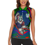 Personalized New Zealand Warriors Women Sleeveless Polo Shirt Aboriginal Dot Art - Dreamtime Rugby Mascot