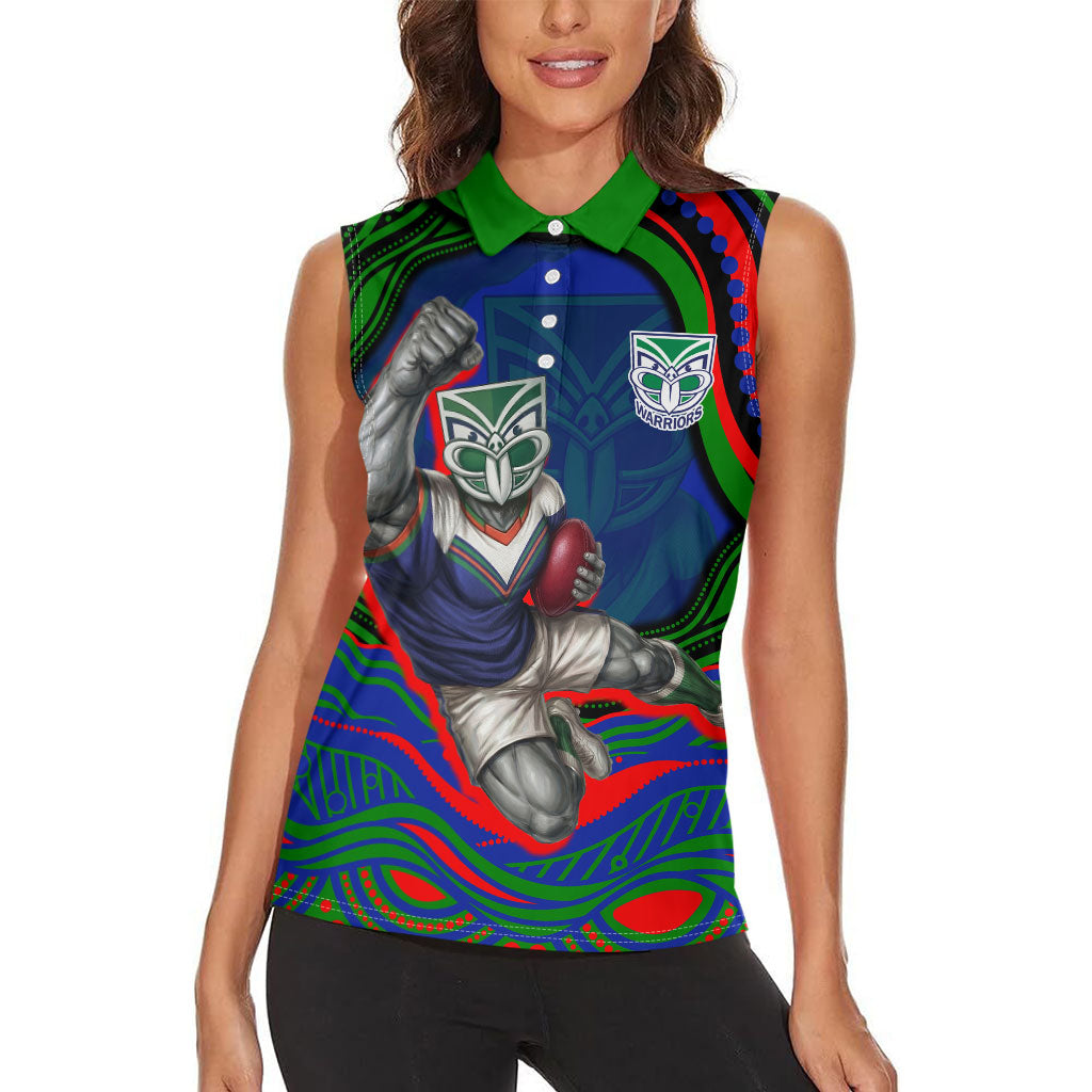 Personalized New Zealand Warriors Women Sleeveless Polo Shirt Aboriginal Dot Art - Dreamtime Rugby Mascot