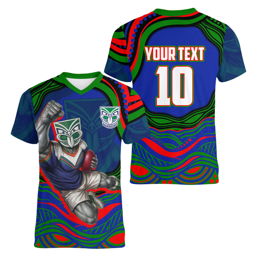 Personalized New Zealand Warriors Women V-Neck T-Shirt Aboriginal Dot Art - Dreamtime Rugby Mascot