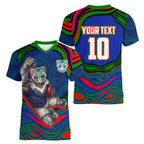 Personalized New Zealand Warriors Women V-Neck T-Shirt Aboriginal Dot Art - Dreamtime Rugby Mascot