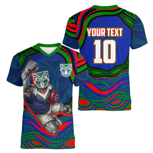 Personalized New Zealand Warriors Women V-Neck T-Shirt Aboriginal Dot Art - Dreamtime Rugby Mascot